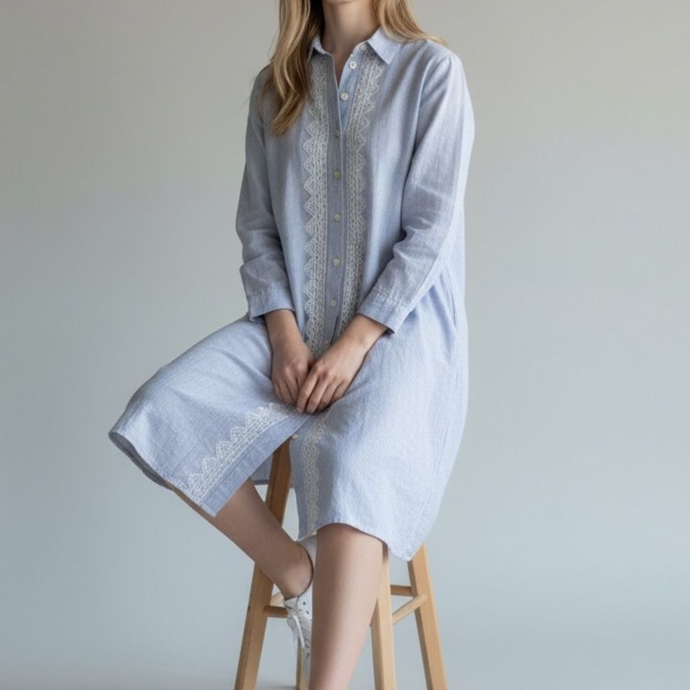 Subtle Luxury Blue Button-Up Embroidered Shirt Dress in Size XS/S